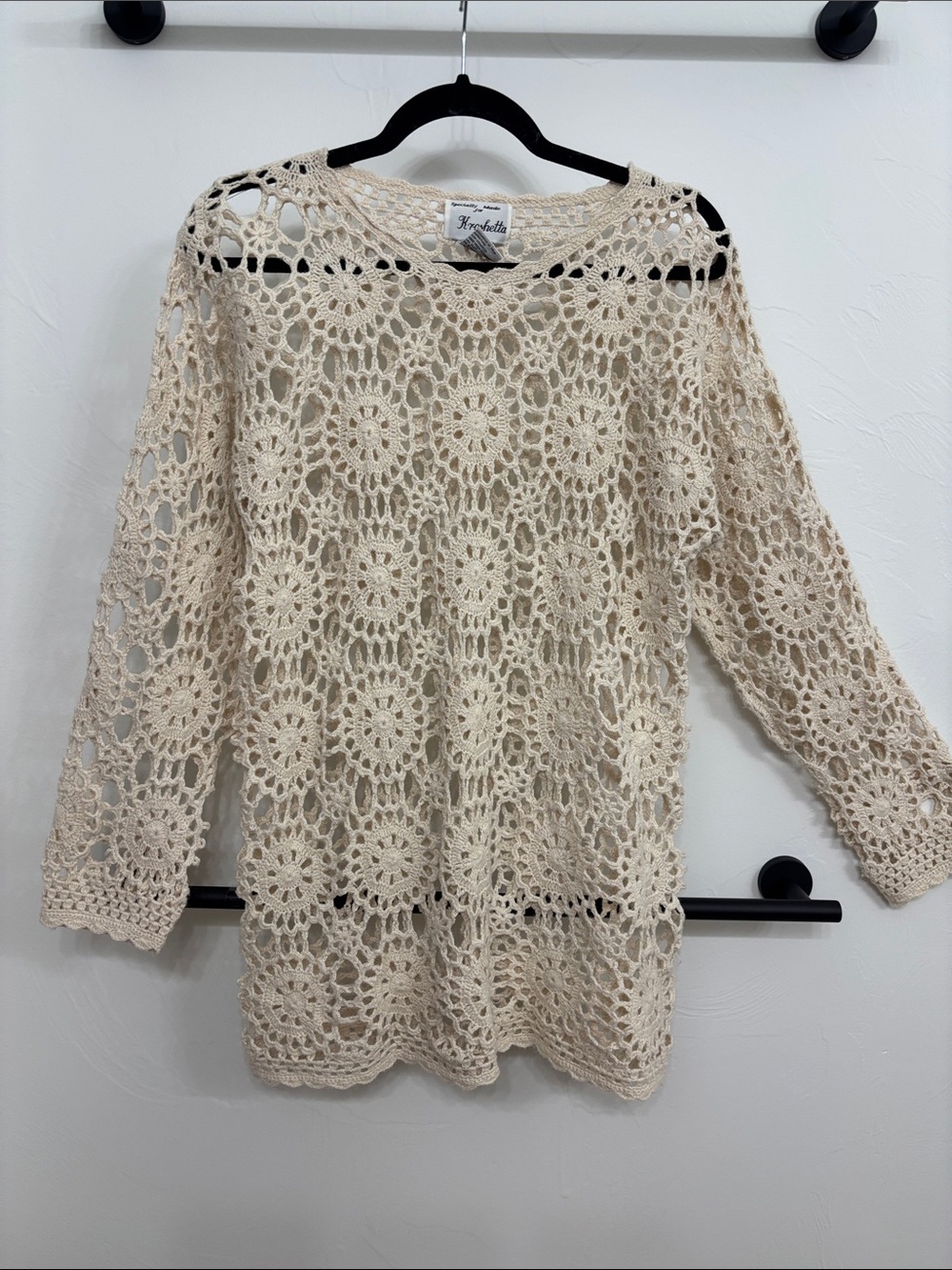 Crochet Openwork Long Sleeve Top - Cream by Izabella
